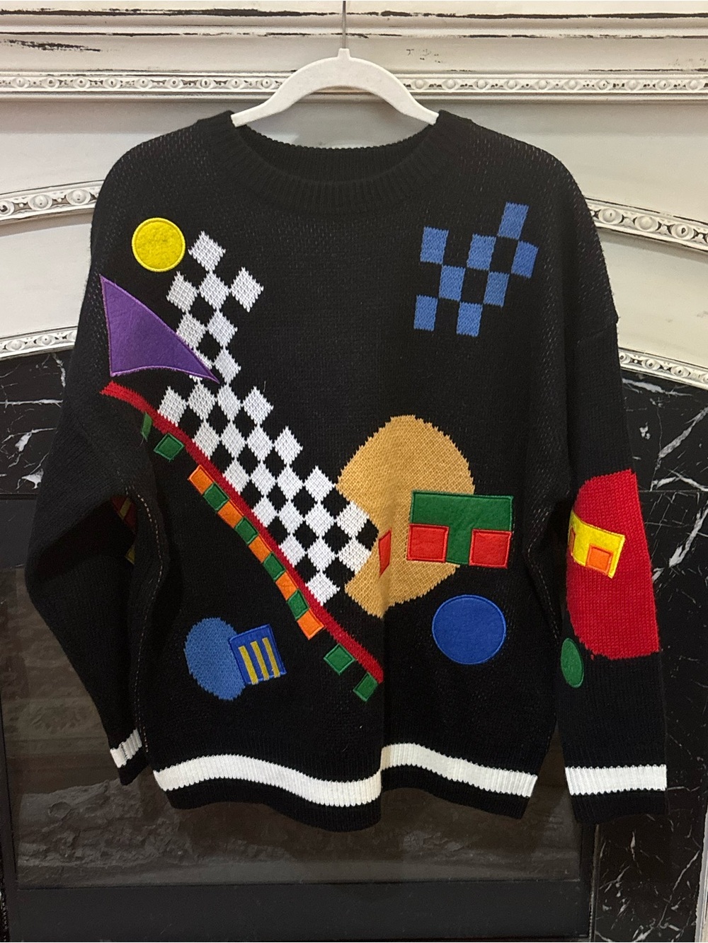 Listicle Black Crewneck Sweater with Multicolor Geometric Appliqués NWT
